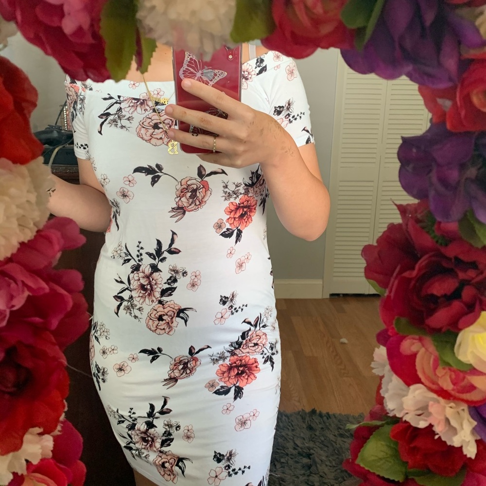 Floral off the shoulder dress.